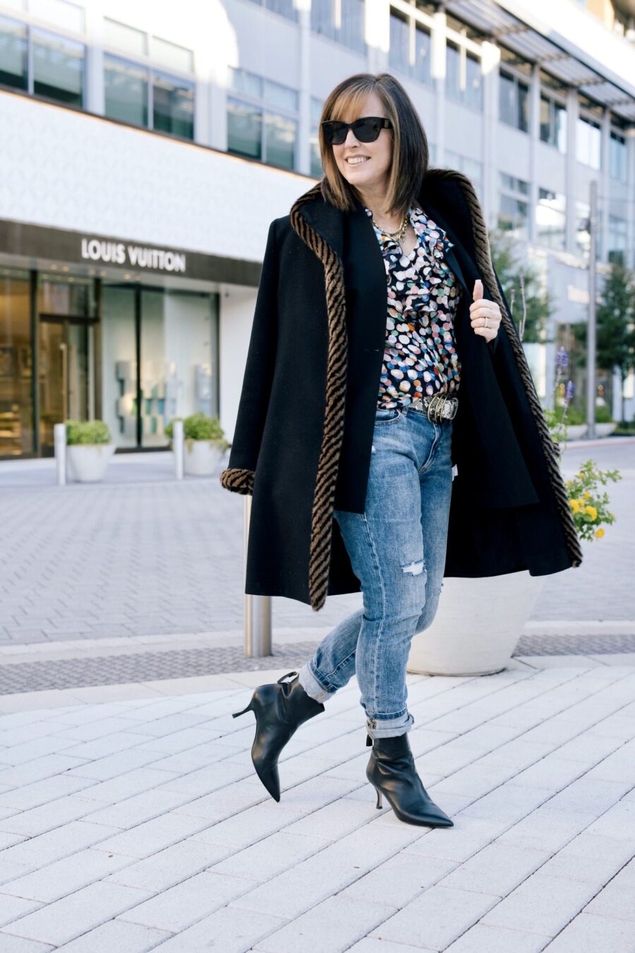 denim outfit with black booties