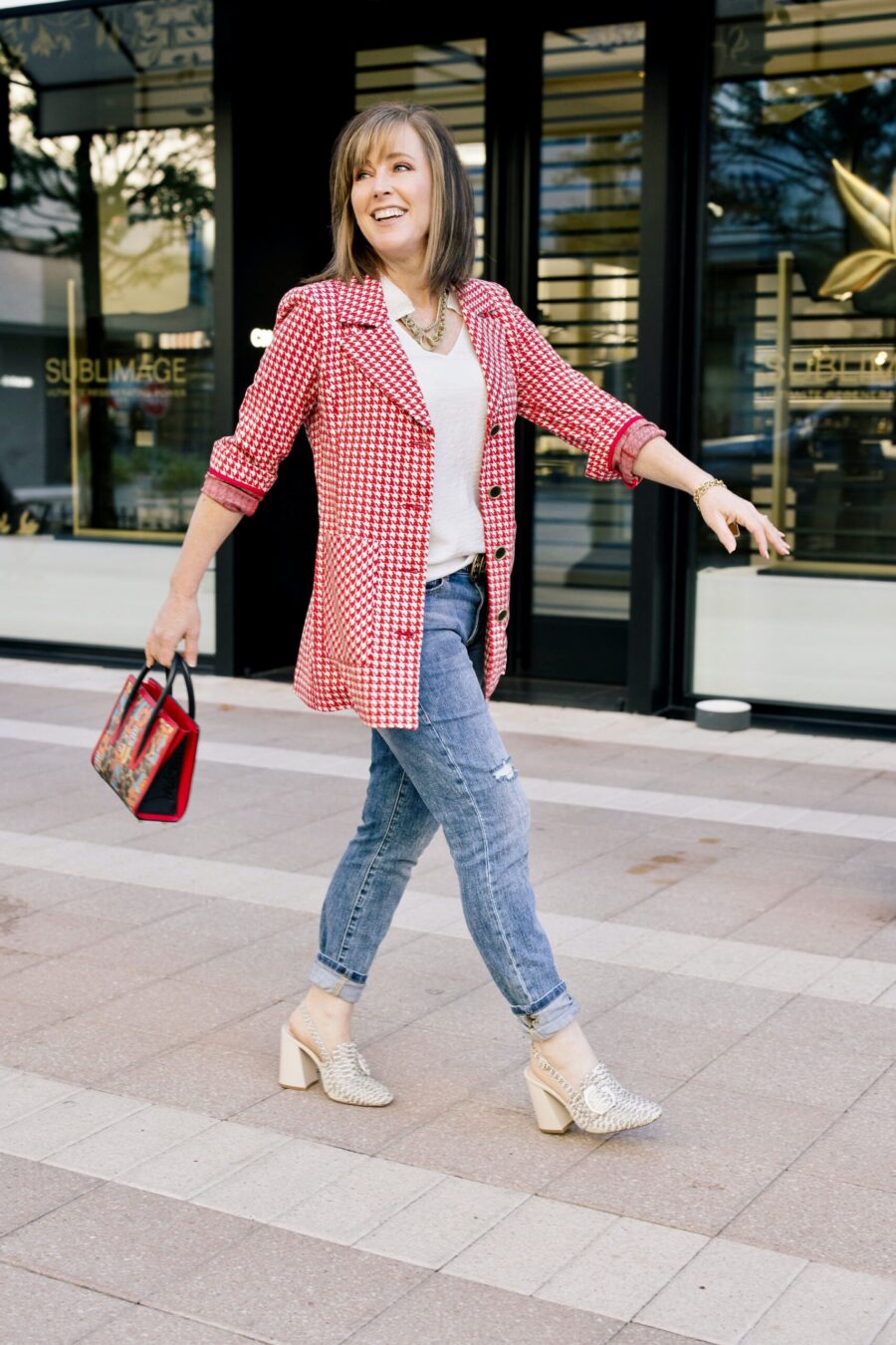 chic denim outfit with houndstooth jacket